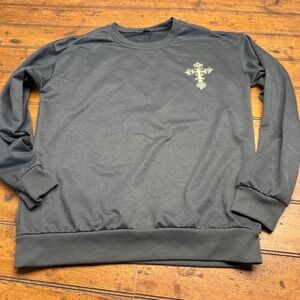 ROMWE Mens Charcoal Grey Gothic Cross Angel Wings Graphic Crewneck Sweatshirt M